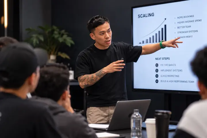 Educator pointing to the scaling plan on screen